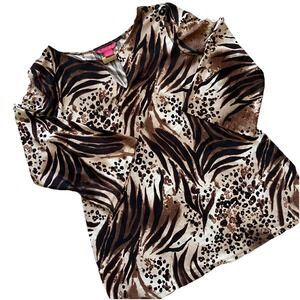 Sunny Leigh Animal Print Top Blouse Brown Black Leopard Zebra‎ Large L